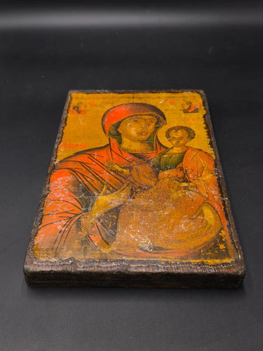 Antique Russian Orthodox Icon Mother of God Hodegetria Print on Wood Panel