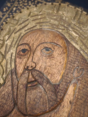 Vintage Hand-Carved Wooden Jesus Christ Icon Wall Plaque Religious Art Gold