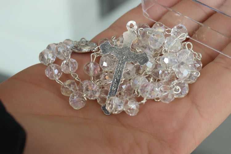 White Necklace Jerusalem Catholic Beads Soil Crystals Holy Land Crucifix