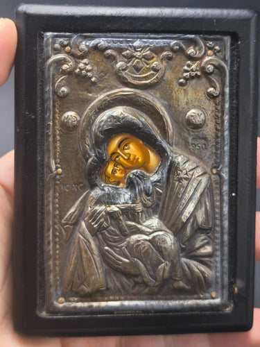 Vintage Greek Orthodox 950 Pure Silver Icon Virgin Mary & Child Byzantine Riza