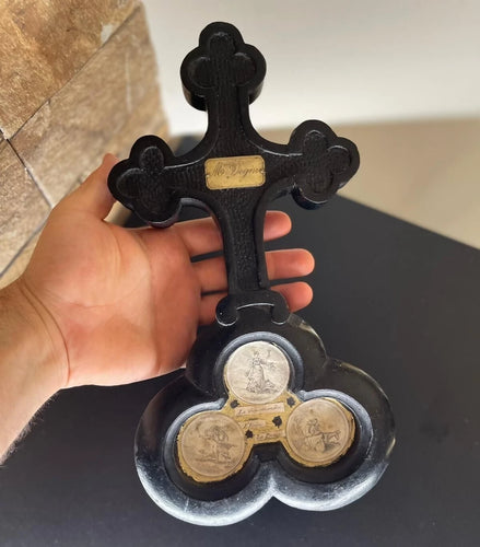 Antique French Black Wood Crucifix & Trefoil Base with Engraved Miniatures & "Mme Degin" Plaque