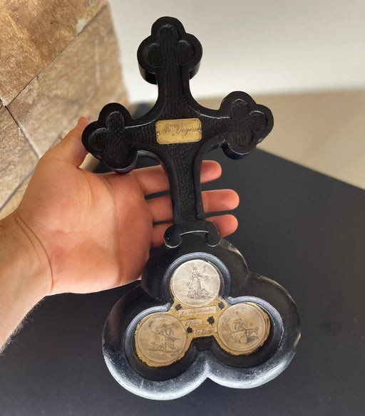 Antique French Black Wood Crucifix & Trefoil Base with Engraved Miniatures & "Mme Degin" Plaque