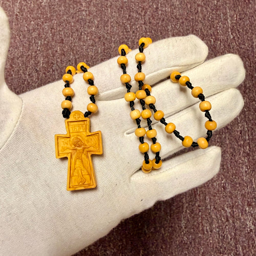 Hand-Carved Wooden Cross with Wooden Bead Cord (Made in Georgia)