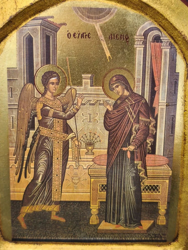 Vintage Greek Orthodox Icon Annunciation Virgin Mary Archangel Gabriel Wood Gold