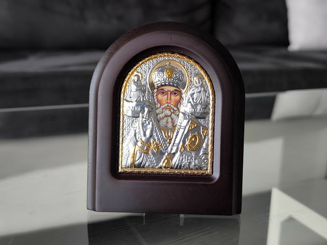 Saint Nicholas Icon 10.23" Silver 950° Religious Wood Handicraft Christianity