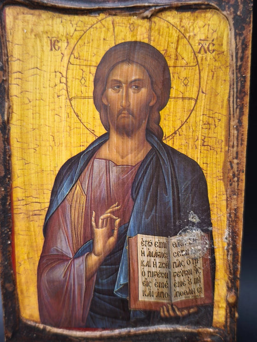 Vintage Greek Orthodox Wood Icon Jesus Christ Pantocrator Wall Plaque Art 8x4"