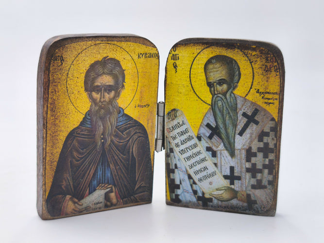 Vintage Handmade Wooden Diptych Icon – Saint Spyridon & Saint Kyriakos – Orthodox Christian Pocket Folding Travel Icon – Byzantine Religious Art