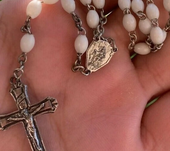 Vintage White Silver Rosary Mother-of-Pearl White Oblong Beads 1920s France †⭐