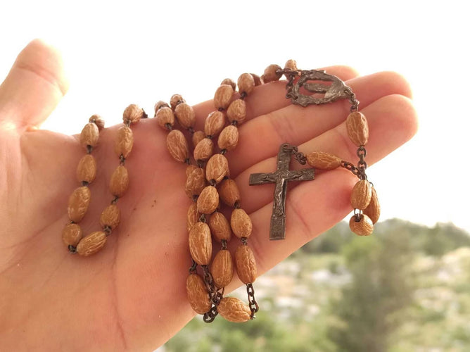 Antique Rosary Relic Madonna Earth Of Roma Bones Olive National Beads ⭐