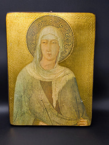 Vintage Virgin Mary Wood Icon Plaque Wall Art Byzantine Madonna Gold Gilt