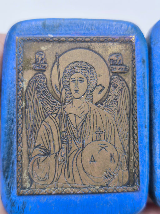 Vintage Wooden Metal Diptych Icon Folding Pocket Shrine / Orthodox Christian Double Icon Plaque / Greek Religious Art Blue Wood Altar Decor