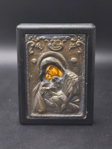 Vintage Greek Orthodox 950 Pure Silver Icon Virgin Mary & Child Byzantine Riza