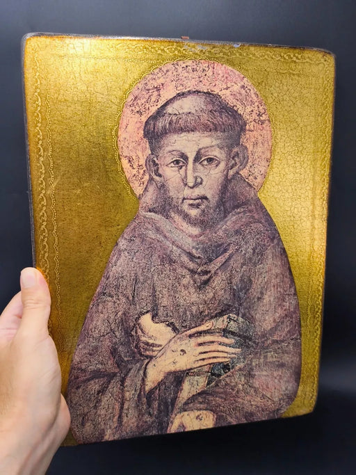 Vintage St Francis of Assisi Wood Icon Plaque Belgium Maison Spranghers 14"