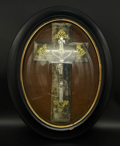 Antique French Oval Shadow Box Crucifix Bullion Velvet Wall Hanging 16" x 13"