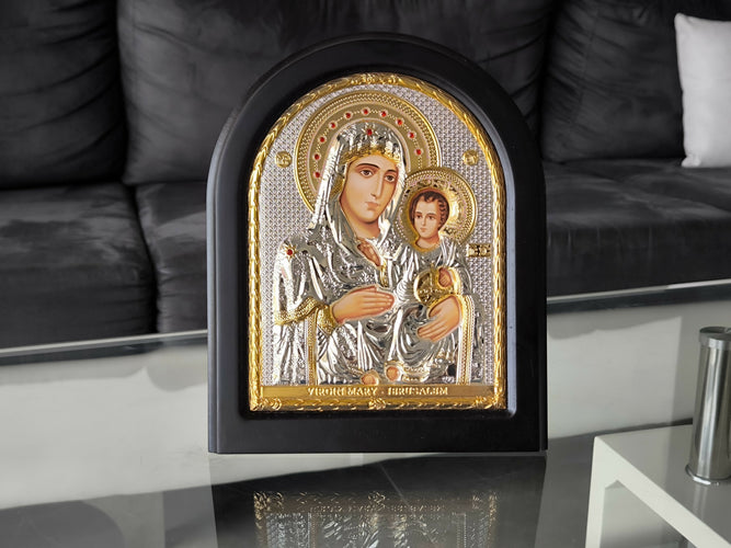 Virgin Mary Jerusalem 5.51"Jesus Icon Silver 950° Religious Wood Handicraft