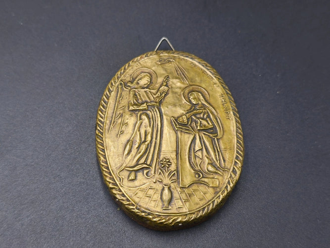 Antique Greek Orthodox Icon Plaque – Annunciation of Virgin Mary Tinos Wood Back