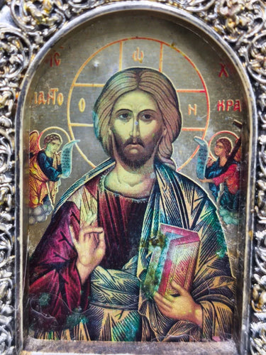 Vintage Greek Orthodox Icon Diptych Jesus Christ & Virgin Mary Red Wood Folding