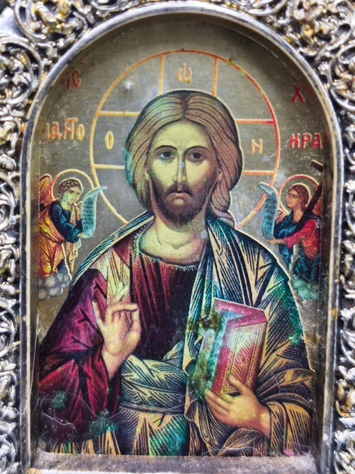 Vintage Greek Orthodox Icon Diptych Jesus Christ & Virgin Mary Red Wood Folding