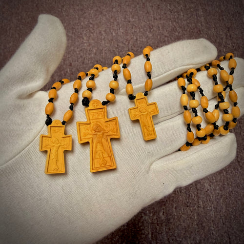 Hand-Carved Wooden Cross with Wooden Bead Cord (Made in Georgia)