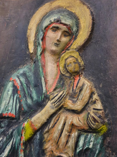 Vintage Handmade Relief Icon Madonna & Child Virgin Mary Wall Plaque Wood Base