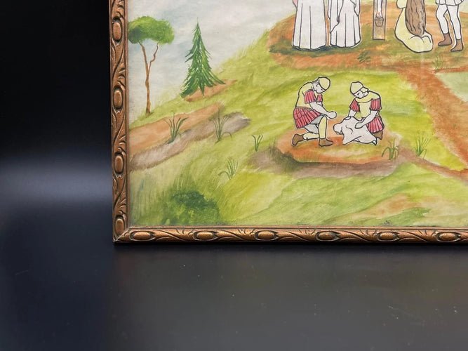 Antique Flemish Religious Watercolor Painting on Paper | Painted Calvary Crucifixion Scene with Handwritten Provenance Backing, Folk Art Wall Decor⭐