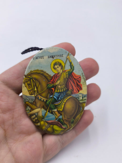 Vintage Saint Demetrios Icon Plaque, Greek Orthodox Christian Art, Agios Dimitrios on Horseback Metal Plaquette, Religious Decor / Pendant