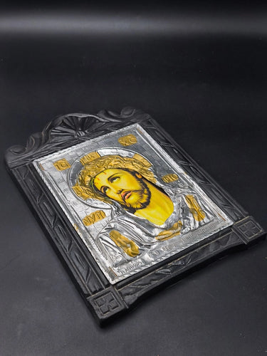 Vintage Greek Byzantine Holy Icon Jesus Christ Crown of Thorns Silver 925 & 24k Gold