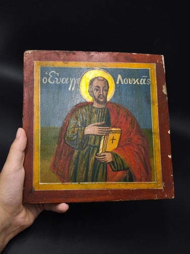 Antique 19th C. Greek Orthodox Icon Saint Luke Evangelist Hand Painted Wood