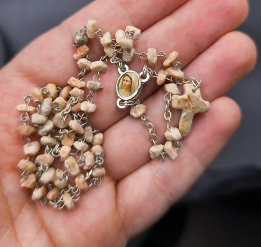 Vintage Natural Stone Rosary Necklace – Virgin Mary & Divine Mercy Medal handmade