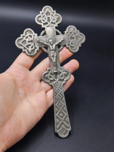 Antique Heavy Metal Hand Blessing Cross Jesus Crucifixion Relief 7.7" 5.3oz