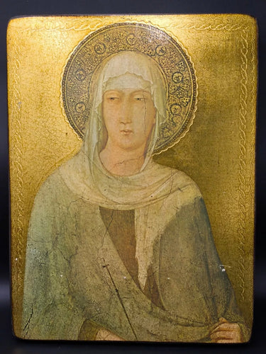 Vintage Virgin Mary Wood Icon Plaque Wall Art Byzantine Madonna Gold Gilt