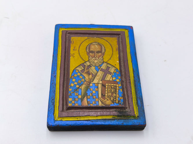 Vintage Saint Nicholas Wooden Handcrafted Icon Wall Plaque, Greek Orthodox Mini Icon, Christian Religious Art Gift, Wooden Blessing Icon