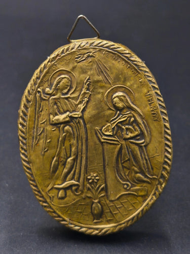 Antique Greek Orthodox Icon Plaque – Annunciation of Virgin Mary Tinos Wood Back