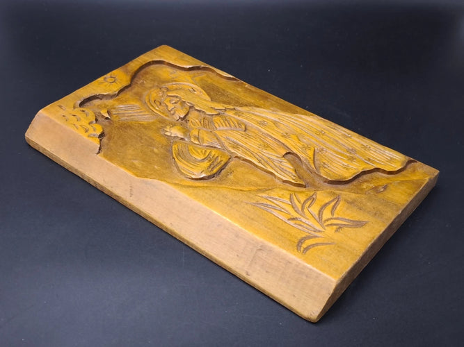 Vintage Carved Wood Jesus Praying Relief Wall Plaque Greek Icon Signed 11" Art