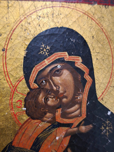 Rare 1923 Hand Painted Antique Greek Byzantine Icon Virgin Mary & Child Wood