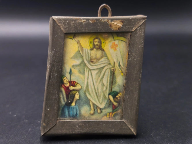 Antique Orthodox Icon Jesus Christ Resurrection Metal Frame Wood Back Miniature