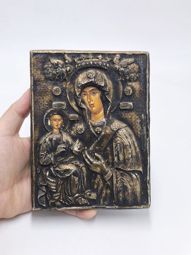 Vintage Greek Byzantine Icon Virgin Mary & Child, Handcrafted 950 Silver Riza Plaque, Mount Athos Greek Religious Wall Art
