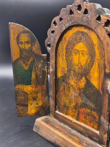 Antique Wooden Triptych Folding Icon Jesus Christ Apostles Orthodox Byzantine