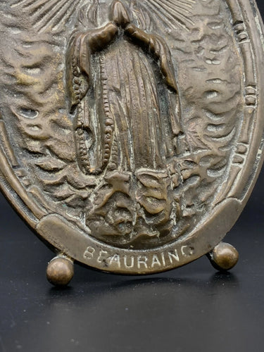 RELIGIOUS BEAURAING BRONZE ICON METAL ANTIQUE BELGIUM OUR LADY LOURDES 7.8"⭐