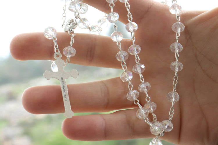 White Necklace Jerusalem Catholic Beads Soil Crystals Holy Land Crucifix