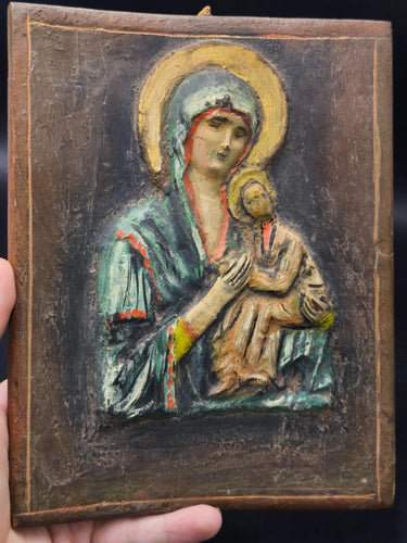 Vintage Handmade Relief Icon Madonna & Child Virgin Mary Wall Plaque Wood Base