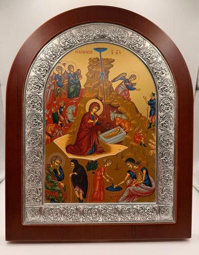 Hand Painted Icon of the Nativity of Christ Silver and Wood (Made in Greece)