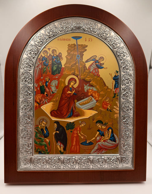 Hand Painted Icon of the Nativity of Christ Silver and Wood (Made in Greece)