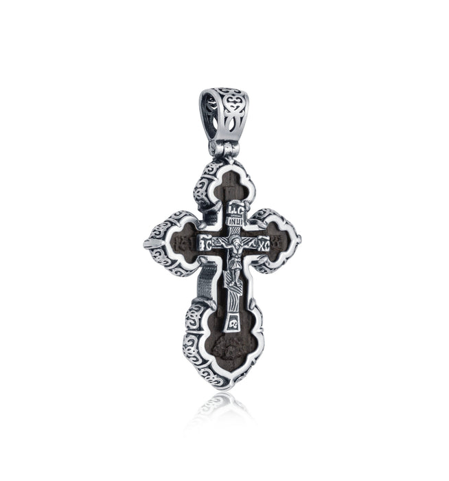 Hand-Carved Ebony Cross with 925 Sterling Silver and Necklace