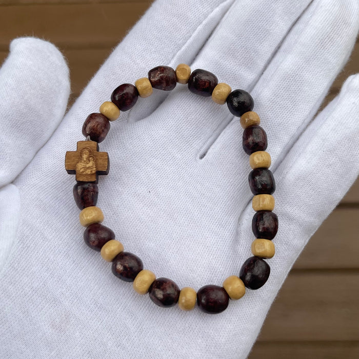 Handmade Elastic Natural Wood Bead Cross Bracelet Made in Serbia