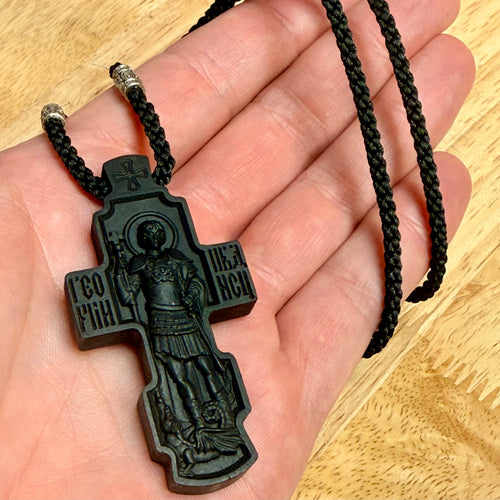 Hand-Carved Ebony Orthodox Cross with Silver Crucifix