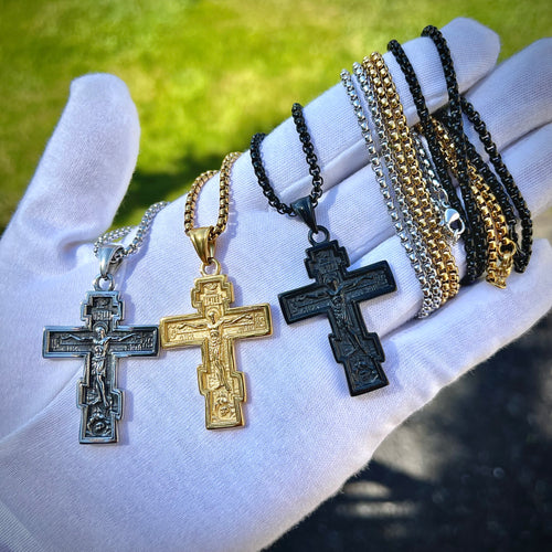 VNOX Russian Orthodox Cross Pendant Necklace – Stainless Steel, 31x58mm, 24” Chain