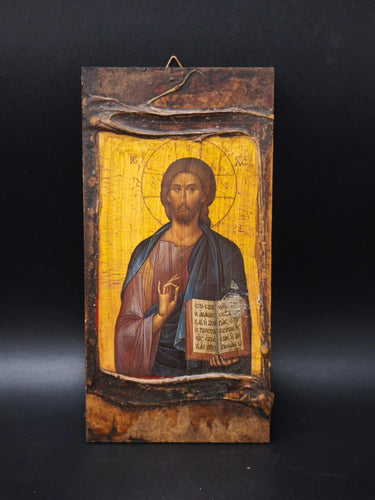 Vintage Greek Orthodox Wood Icon Jesus Christ Pantocrator Wall Plaque Art 8x4"