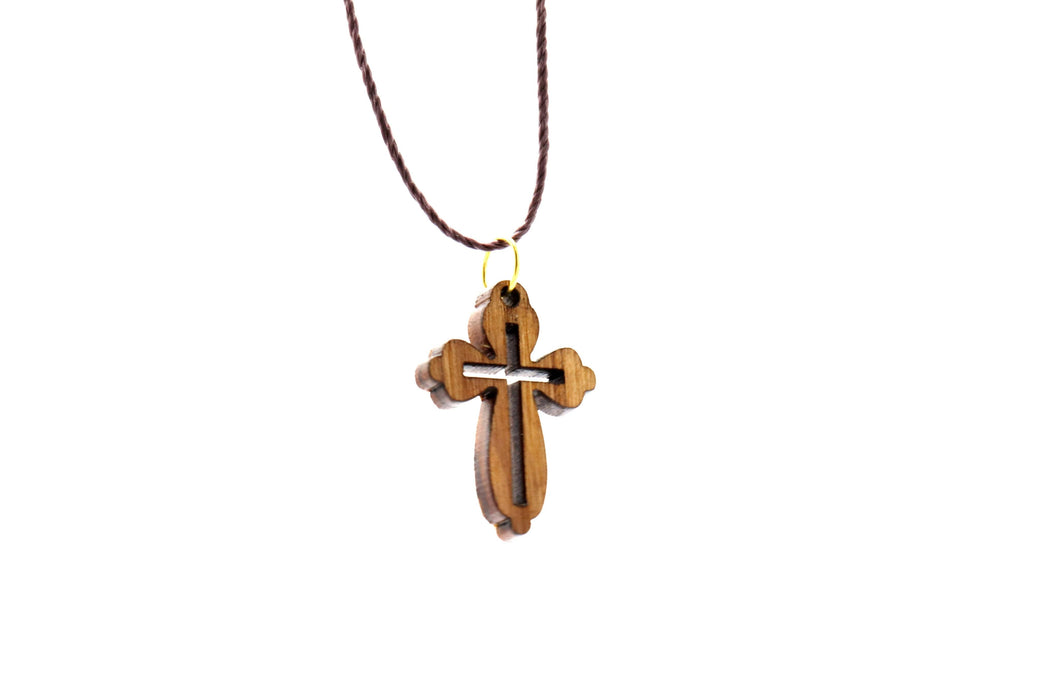 2 pc Necklace Cross Carved Holy Land Olive Wood Jerusalem Crucifix Souvenir 