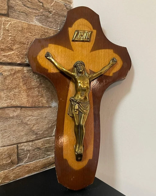 Vintage Wooden Wall Crucifix Cross with Brass Corpus Jesus & INRI – 13.3" Catholic Religious Home Decor